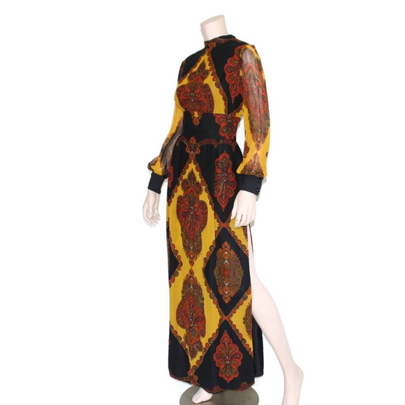Paisley balloon sleeve dress, Vintage 60s maxi,  yellow & black gown 70s goddess - Picture 3 of 8